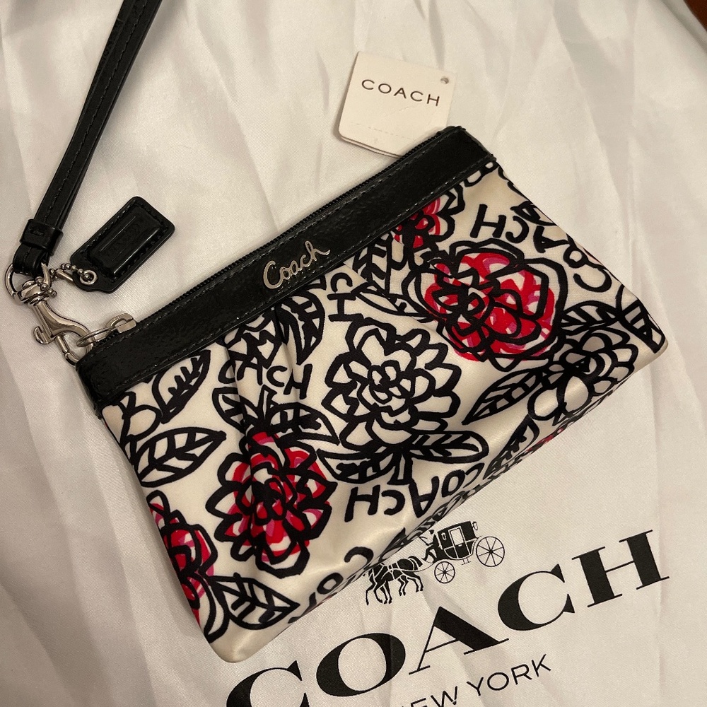 Coach Floral Logo Wristlet in Black, White & Red